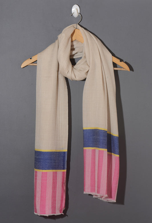 Striped Border Pashmina  - Natural with Royal Blue and Pink Stripes