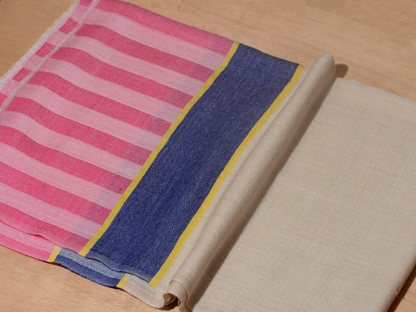 Striped Border Pashmina Shawl | Natural with Royal Blue and Pink Stripes