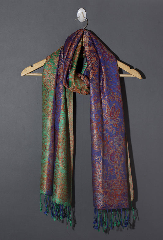 OMVAI Ornamental Paisley Premium Woven Silk Stole - Blue and Fern Green