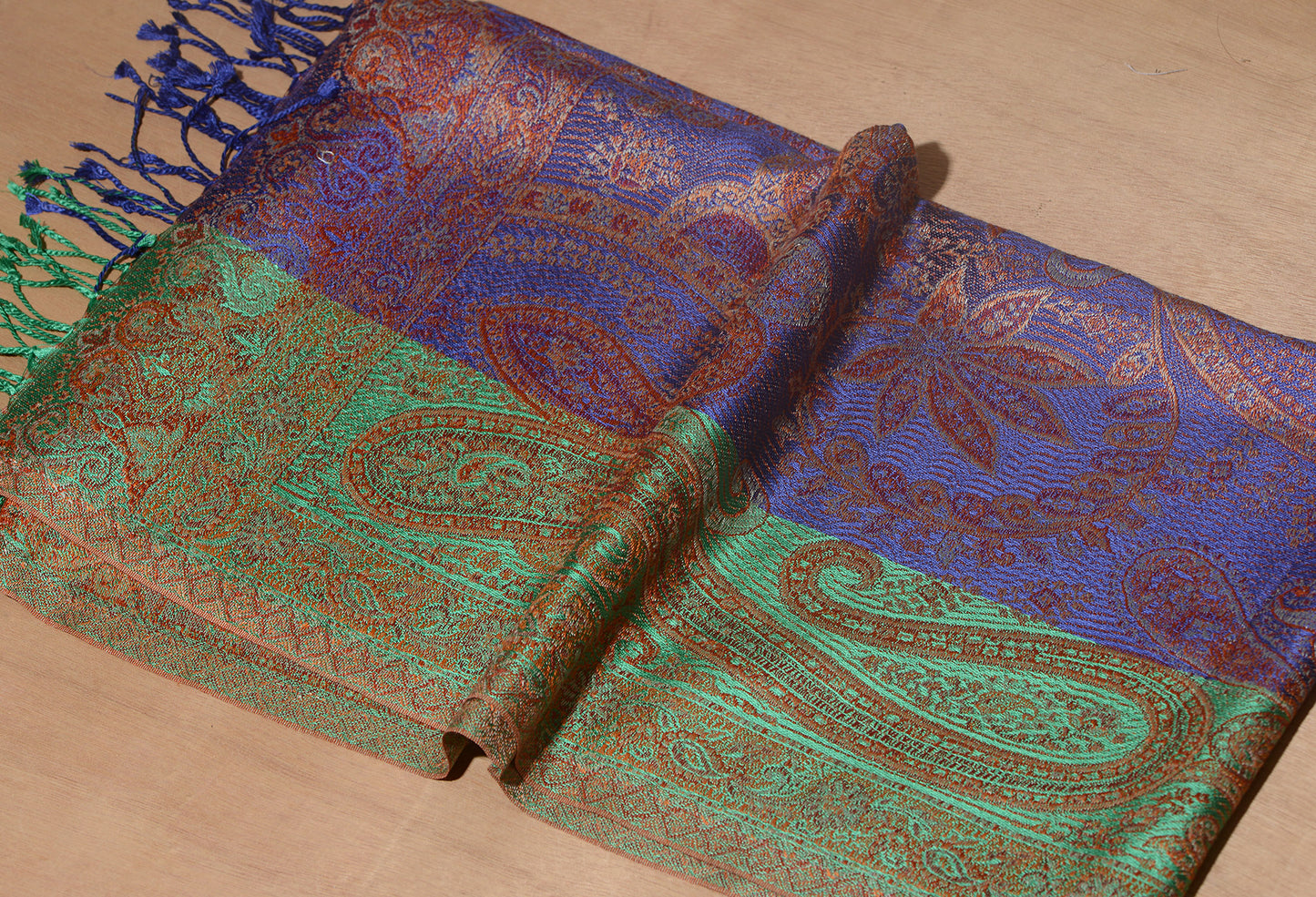 OMVAI Ornamental Paisley Premium Woven Silk Stole - Blue and Fern Green