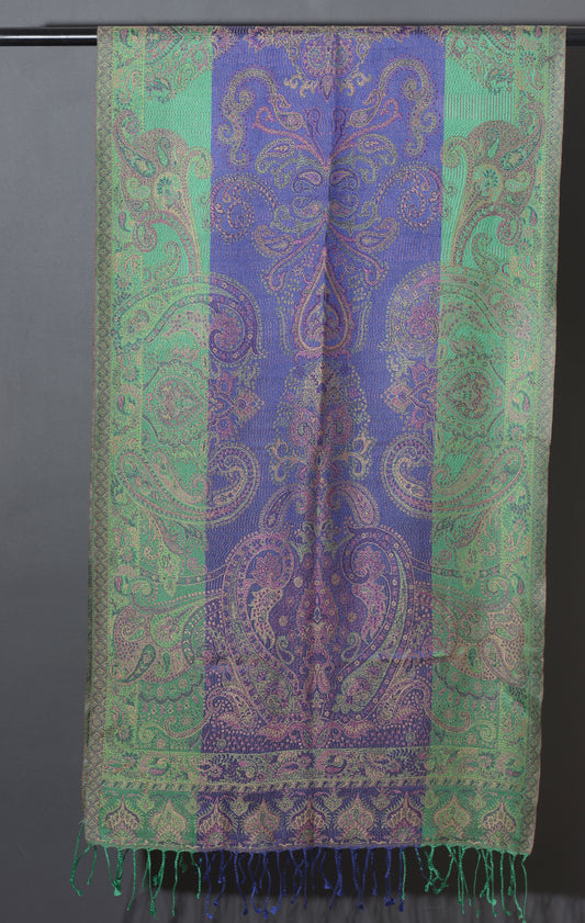 OMVAI Ornamental Paisley Premium Woven Silk Stole - Royal Blue and Green