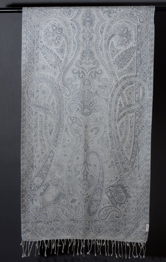 OMVAI Victorian Paisley Premium Woven Silk Stole - White Silver