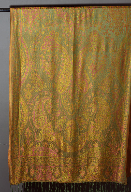 OMVAI Victorian Paisley Pattern Micro Art Silk Stole - Old Gold Green