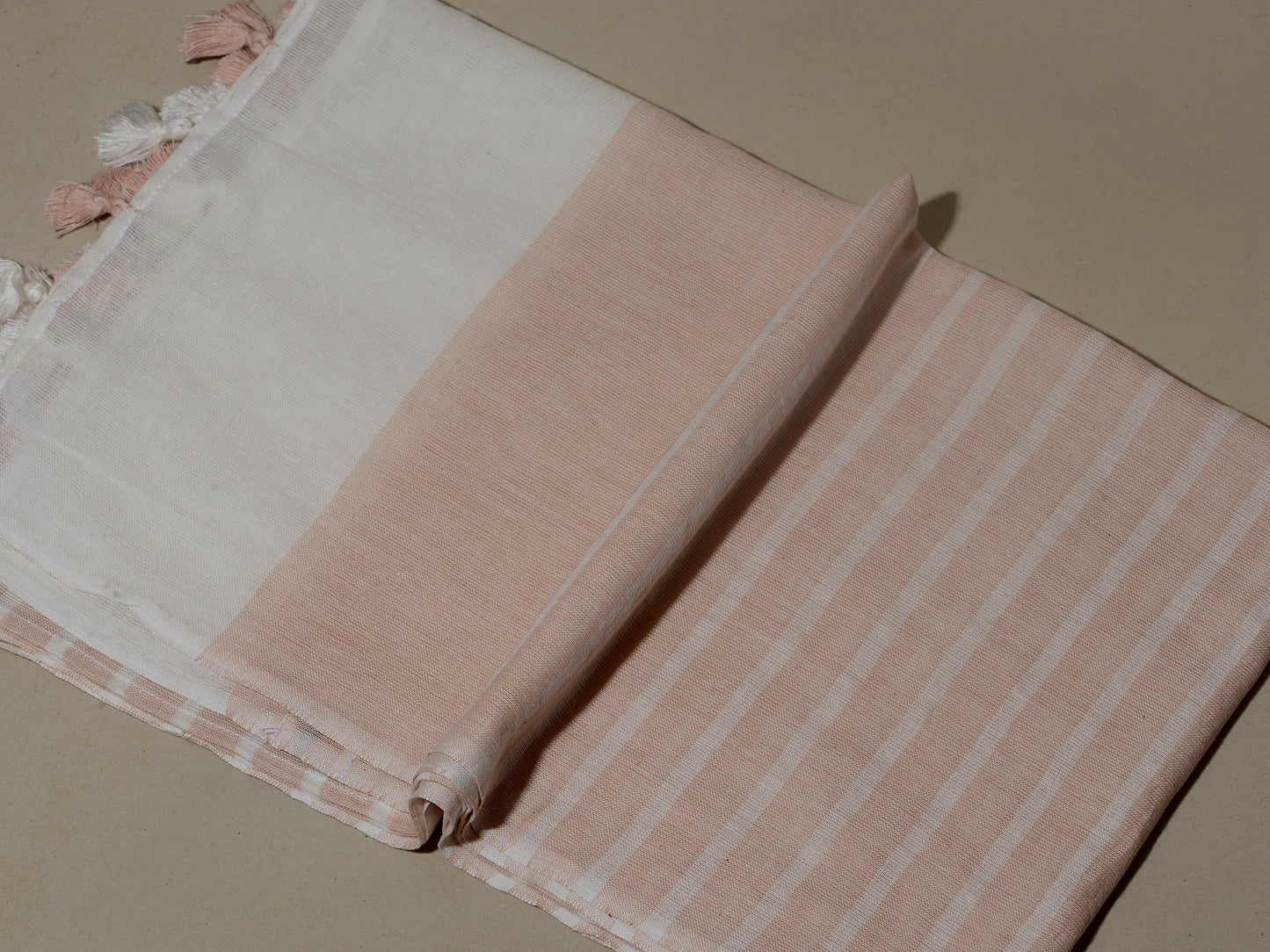 OMVAI Handcrafted Striped Linen Stole with Tassels - Peach Mist