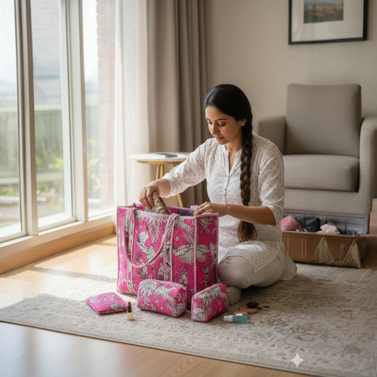 Woman organizing pink bags in a room with large windows and a sofa.