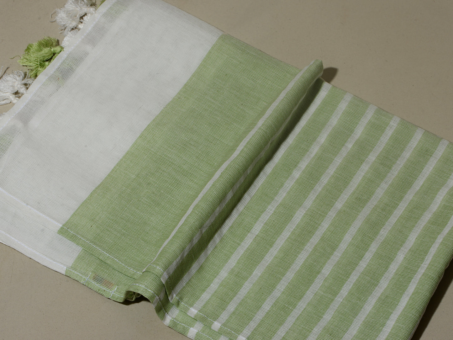 OMVAI Handcrafted Striped Linen Stole with Tassels - Pistachio Green