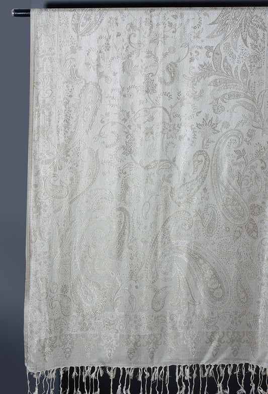 OMVAI Victorian Paisley Pattern Micro Art Silk Stole - Silver Pearl