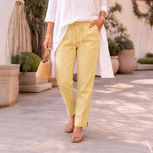 OMVAI Creamy Yellow Cotton Pants : Relaxed Fit, Breathable & Comfortable