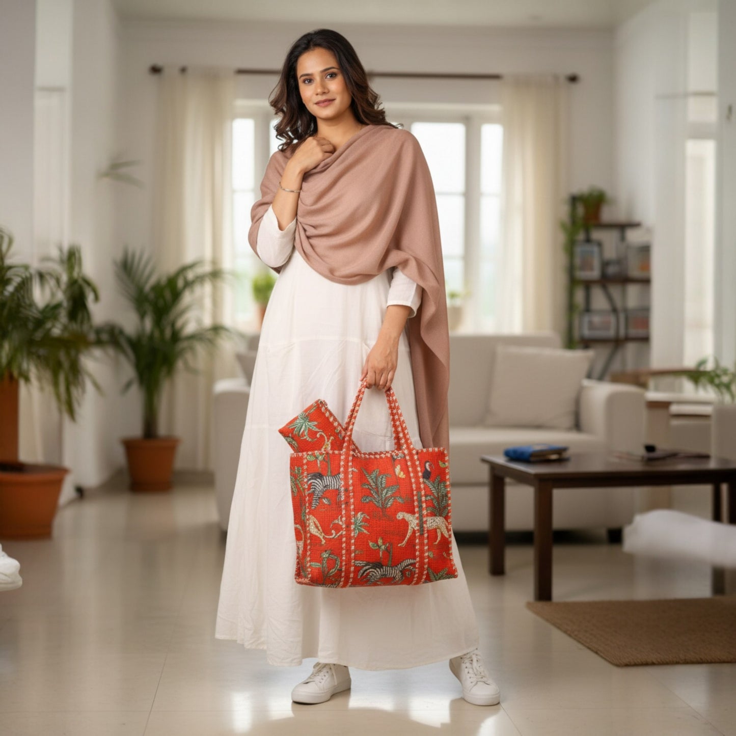 Woman holding a red patterned bag in a living room setting
