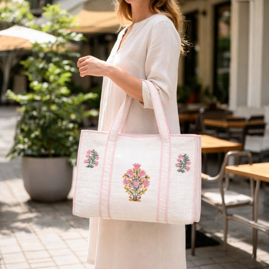 White Floral Pink Handblock Cotton Tote Bag | Handcrafted & Lightweight