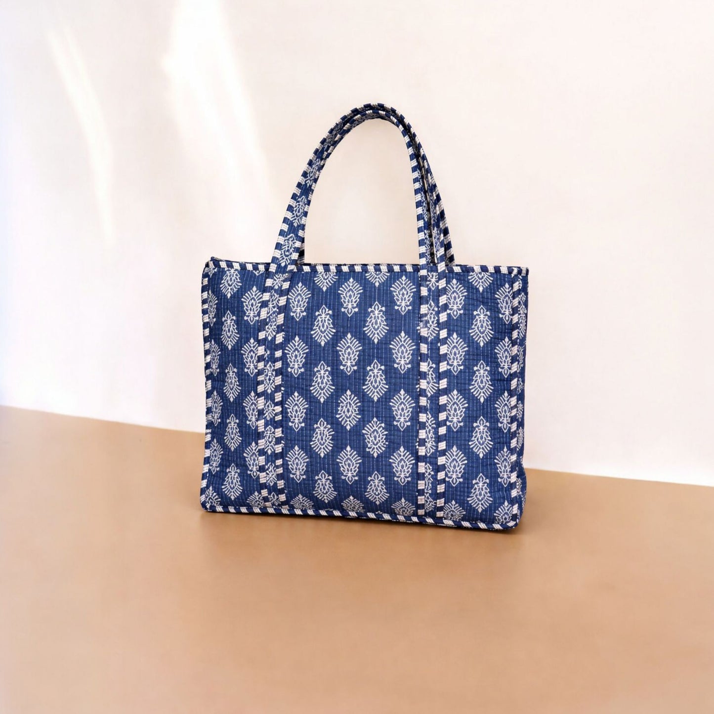 Indigo Blue Block Print Quilted Tote Bag Set (4-Piece) | Handcrafted Cotton