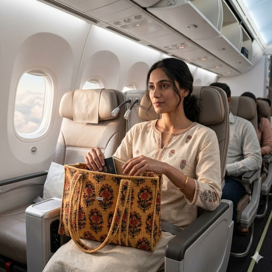 Woman sitting in an airplane seat with a yellow patterned bag.