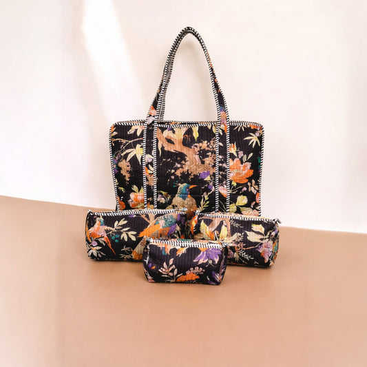 Set of floral-patterned bags on a beige surface with a light background