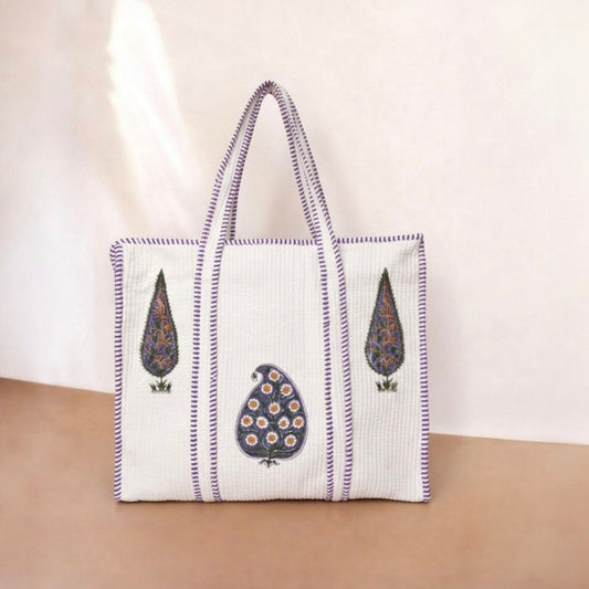 White Floral Orchid Purple Handblock Cotton Tote Bag | Handcrafted & Lightweight