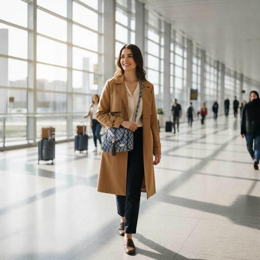 Woman in a tan coat walking through an airport terminal.