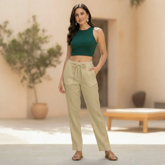 OMVAI Creamy Yellow Cotton Pants : Relaxed Fit, Breathable & Comfortable