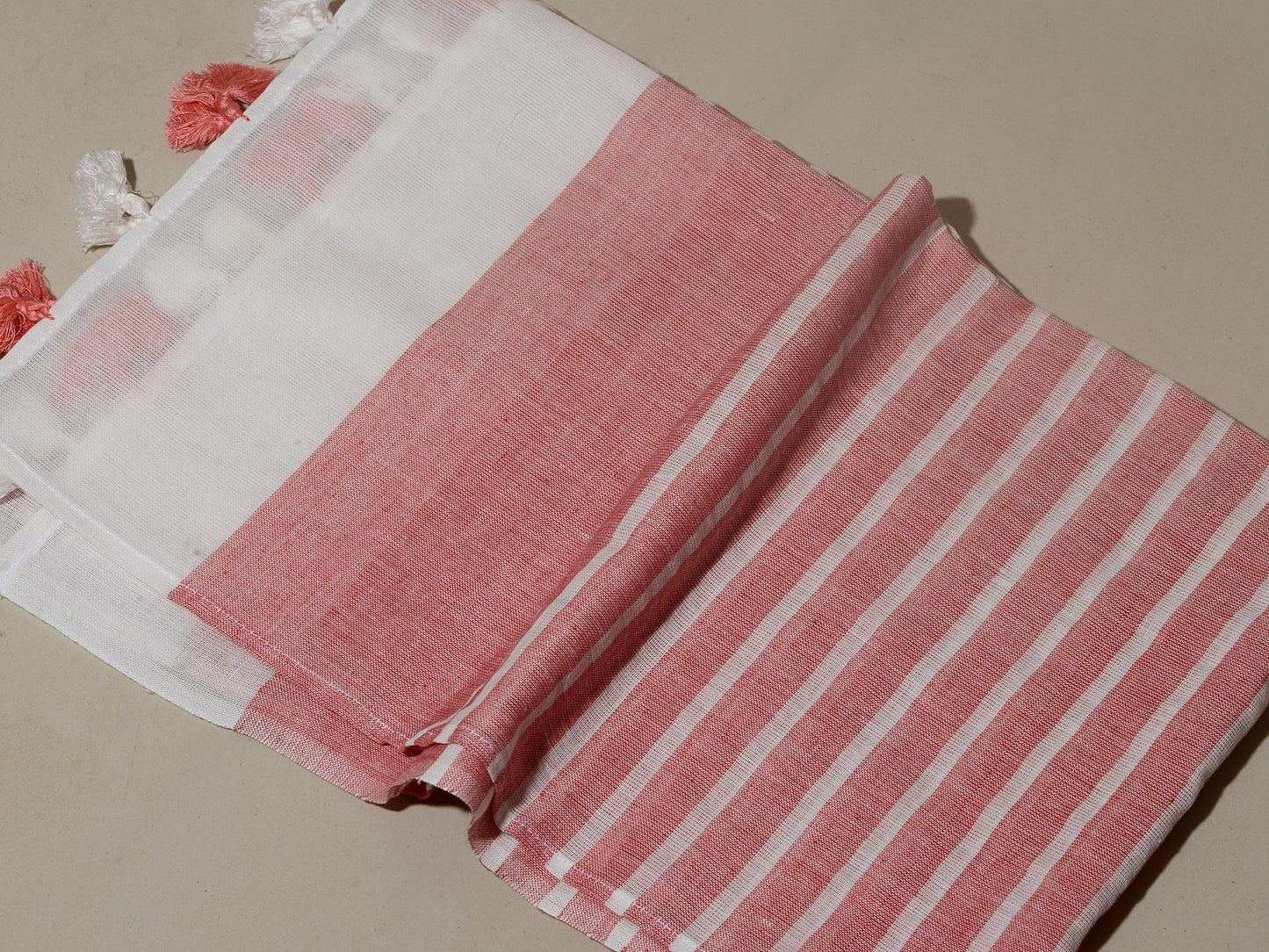 OMVAI Handcrafted Striped Linen Stole with Tassels - Coral Red