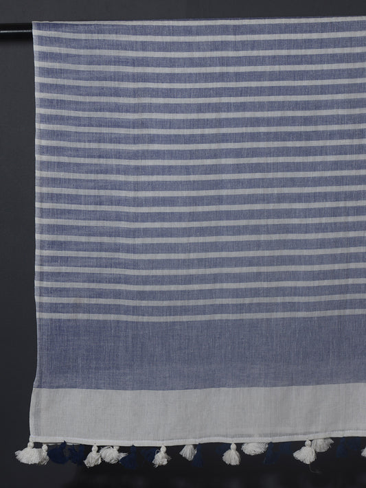 OMVAI Handcrafted Striped Linen Stole with Tassels - Indigo Blue