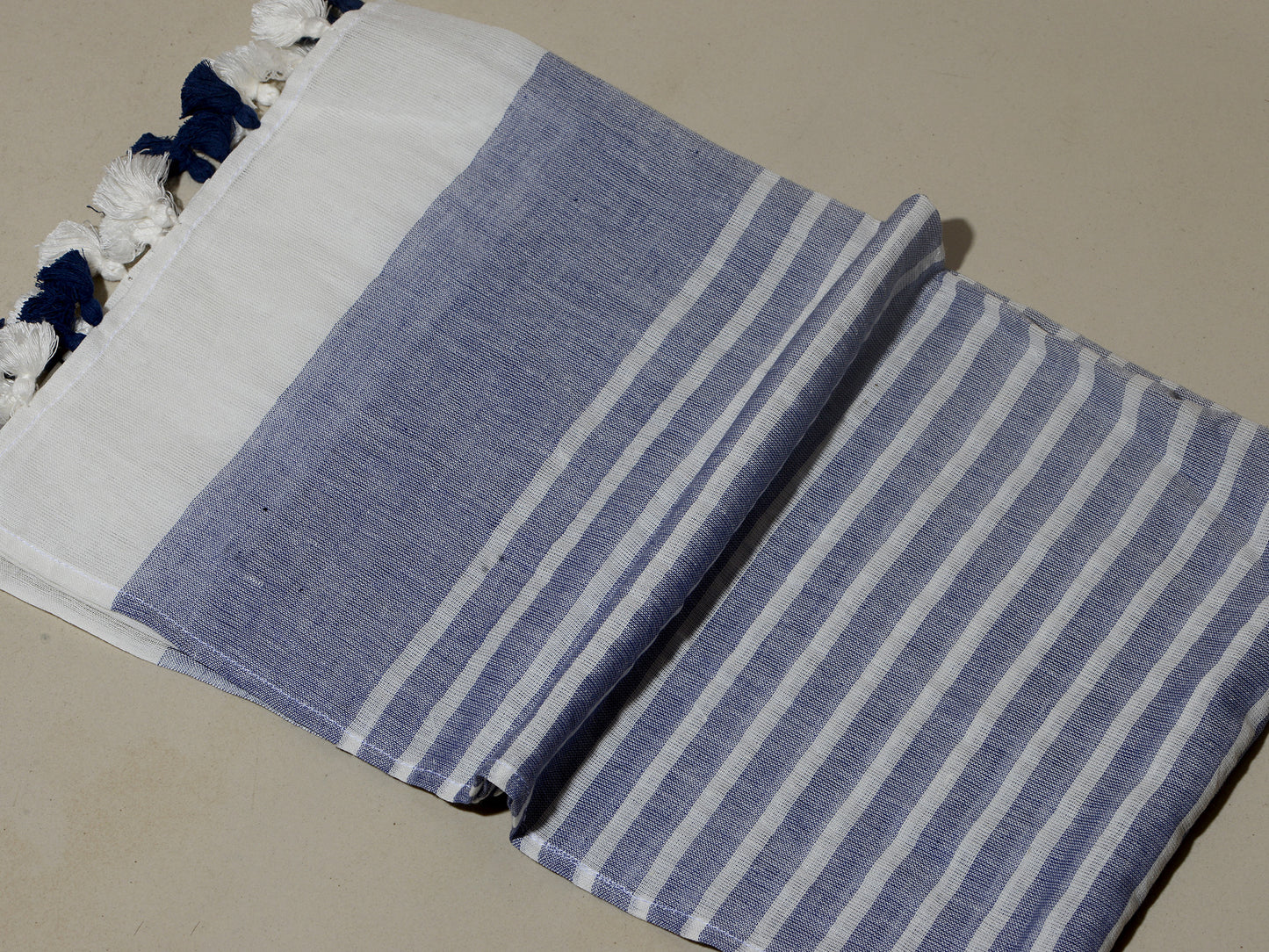 OMVAI Handcrafted Striped Linen Stole with Tassels - Indigo Blue
