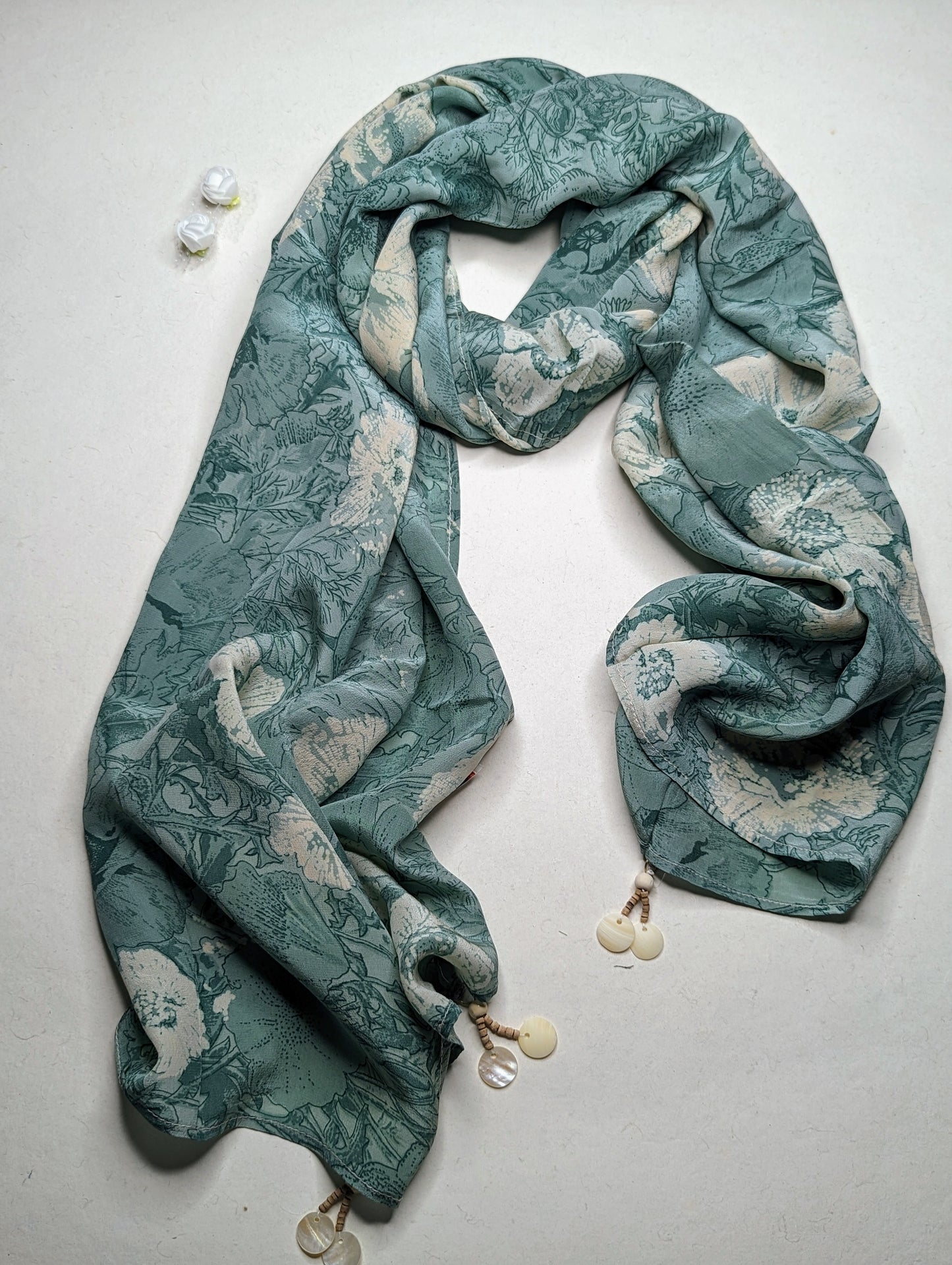 OMVAI Light Teal Floral Vintage Flora Crepe Ladies Stole
