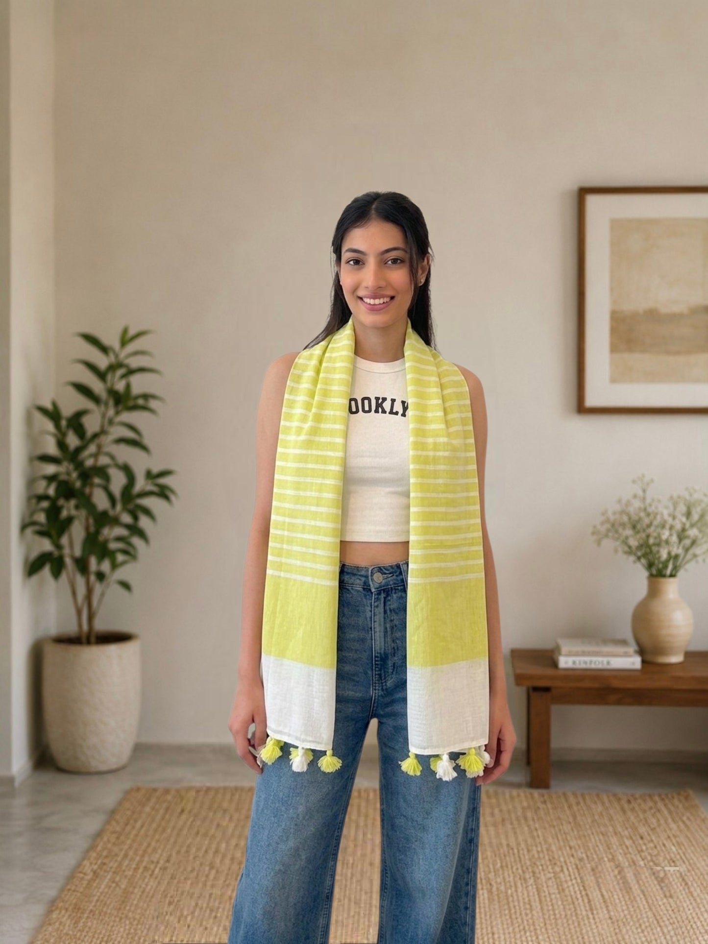 OMVAI Handcrafted Striped Linen Stole with Tassels - Lemon Green