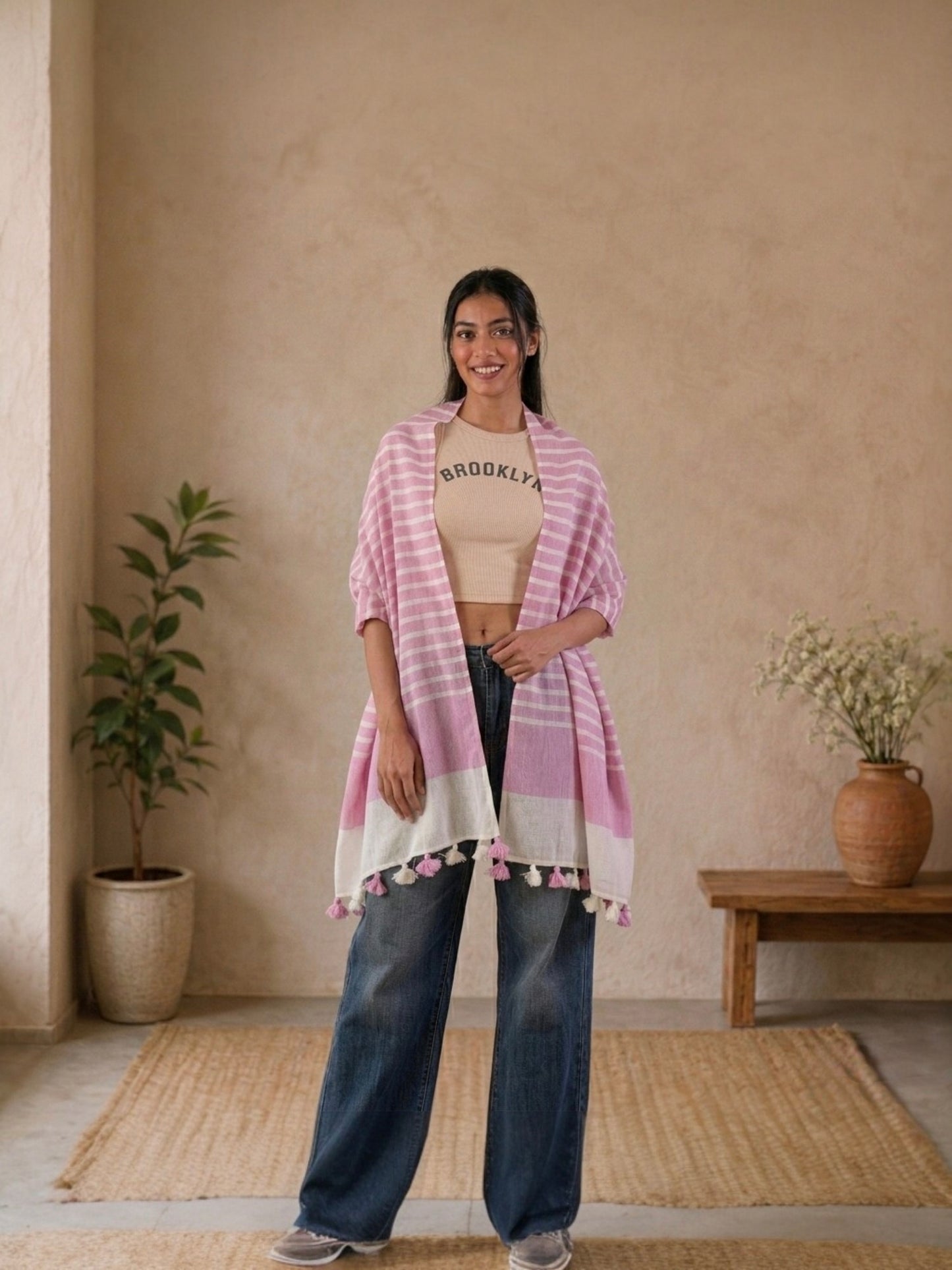 OMVAI Handcrafted Striped Linen Stole with Tassels - Pretty Pink