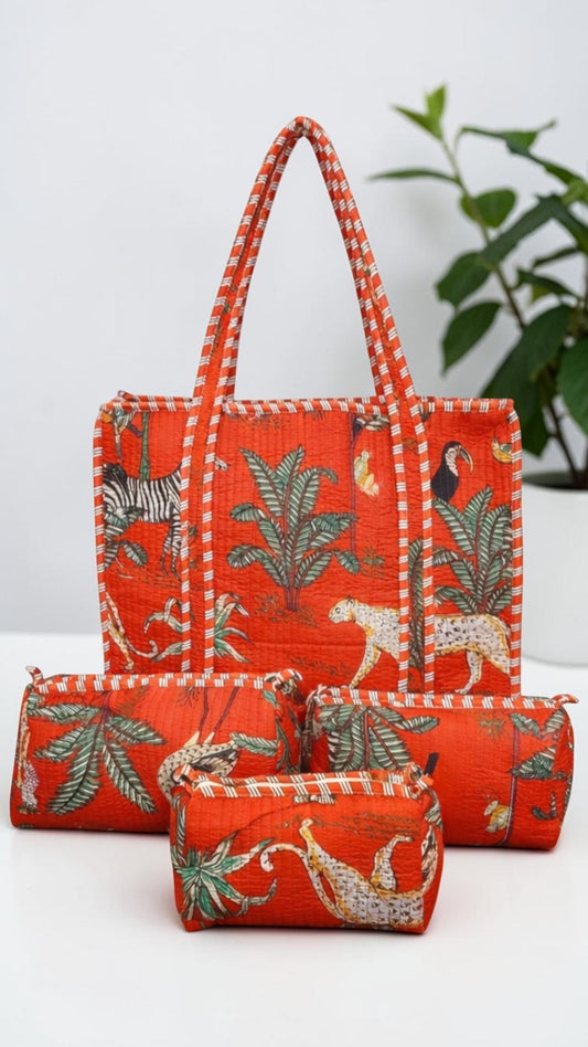 Rust Red Jungle Print Quilted Tote Bag Set (4-Piece) | Handcrafted Cotton