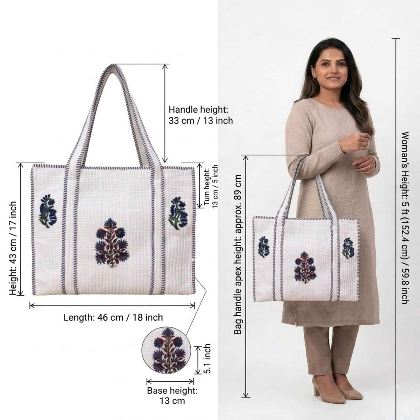 White Midnight Blue Handblock Cotton Tote Bag | Handcrafted & Lightweight