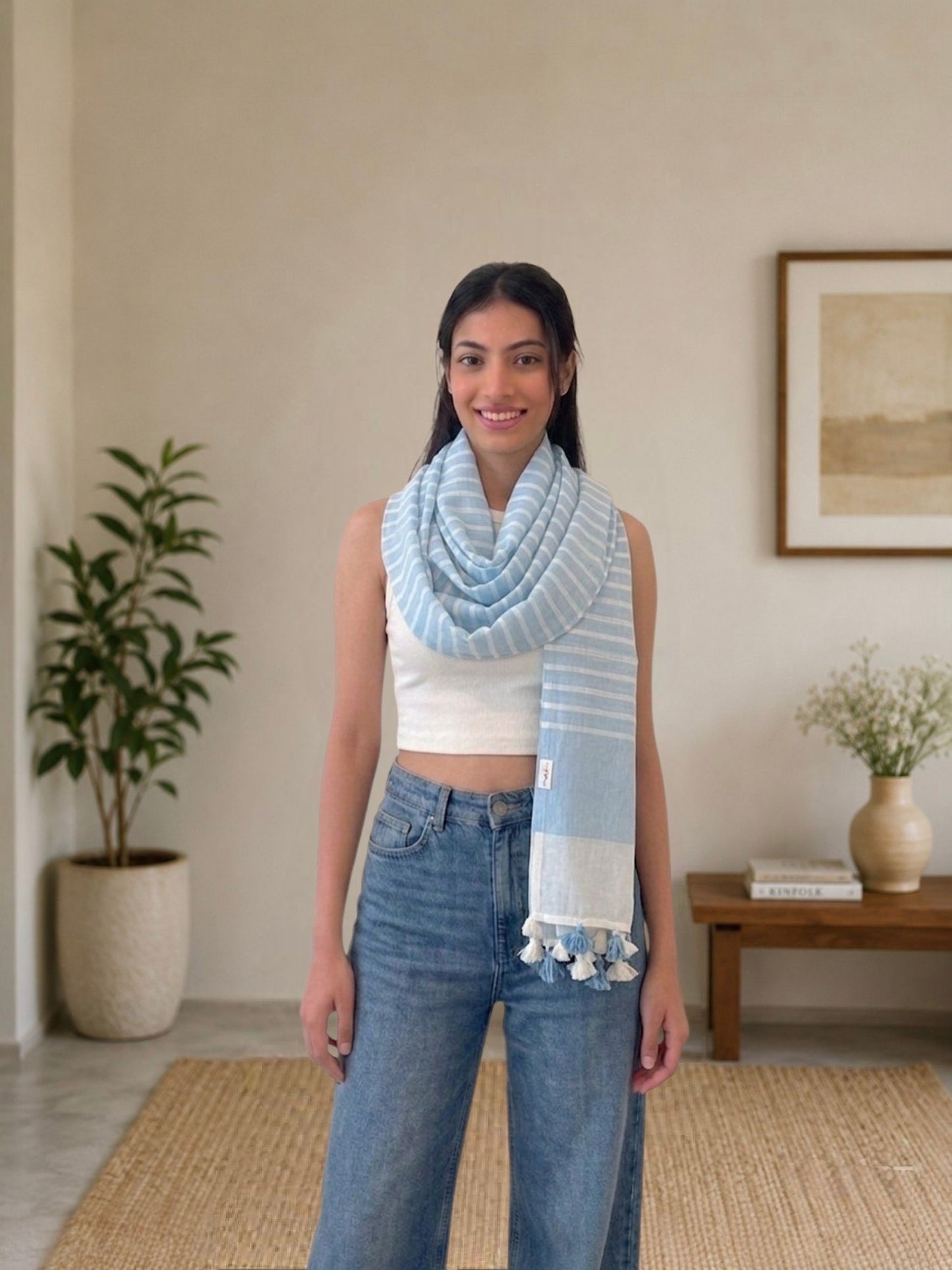 OMVAI Handcrafted Striped Linen Stole with Tassels - Sky Blue