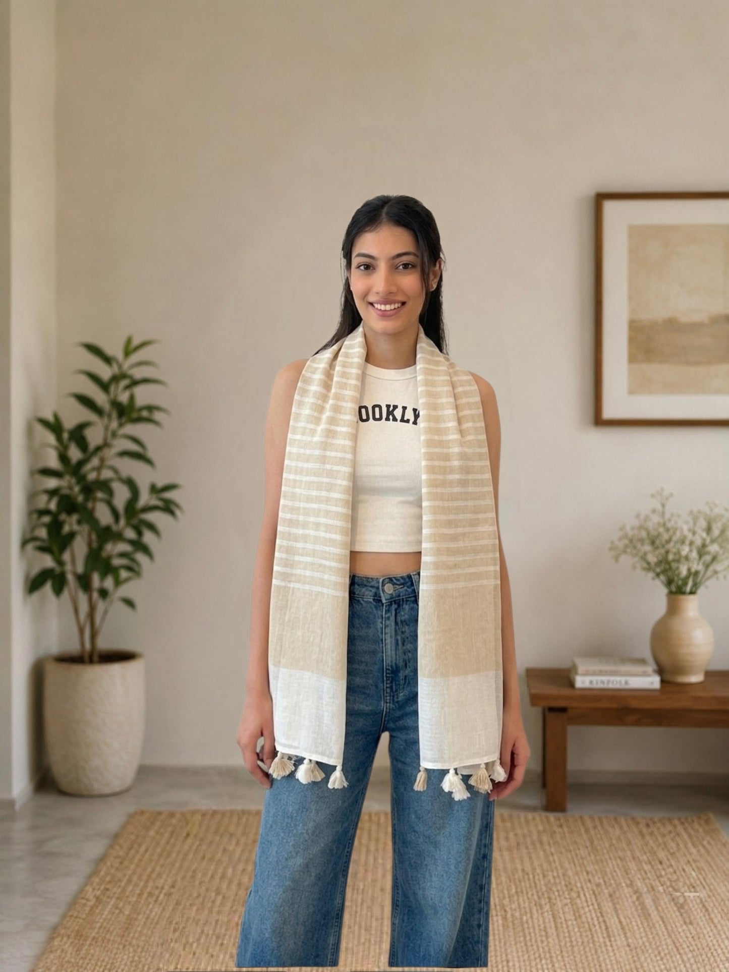 OMVAI Handcrafted Striped Linen Stole with Tassels - Blooming Beige