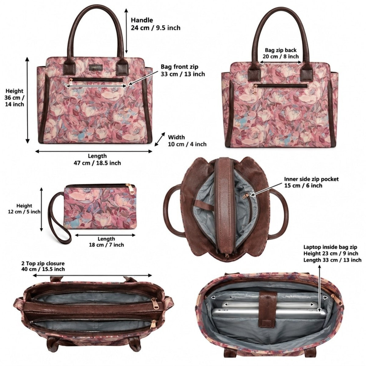 A product dimension diagram of a floral tote bag and matching pouch, showing multiple views with measurements labeled for height, width, length, and interior pocket sizes on a white background.