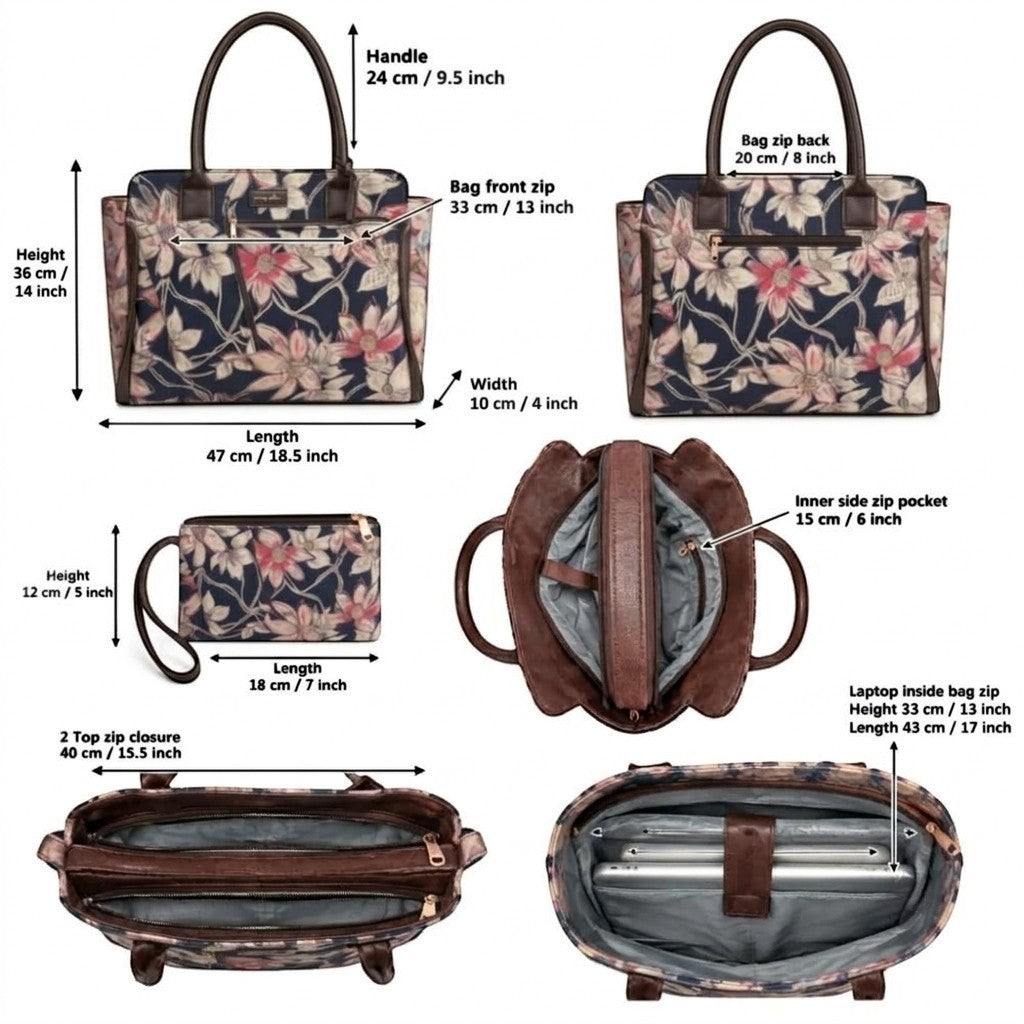 A product measurement diagram showing multiple views of a floral tote bag with dimensions labeled for height, length, width, handle size, bag front zip, bag back zip, inner side zipper, and laptop compartment size.
