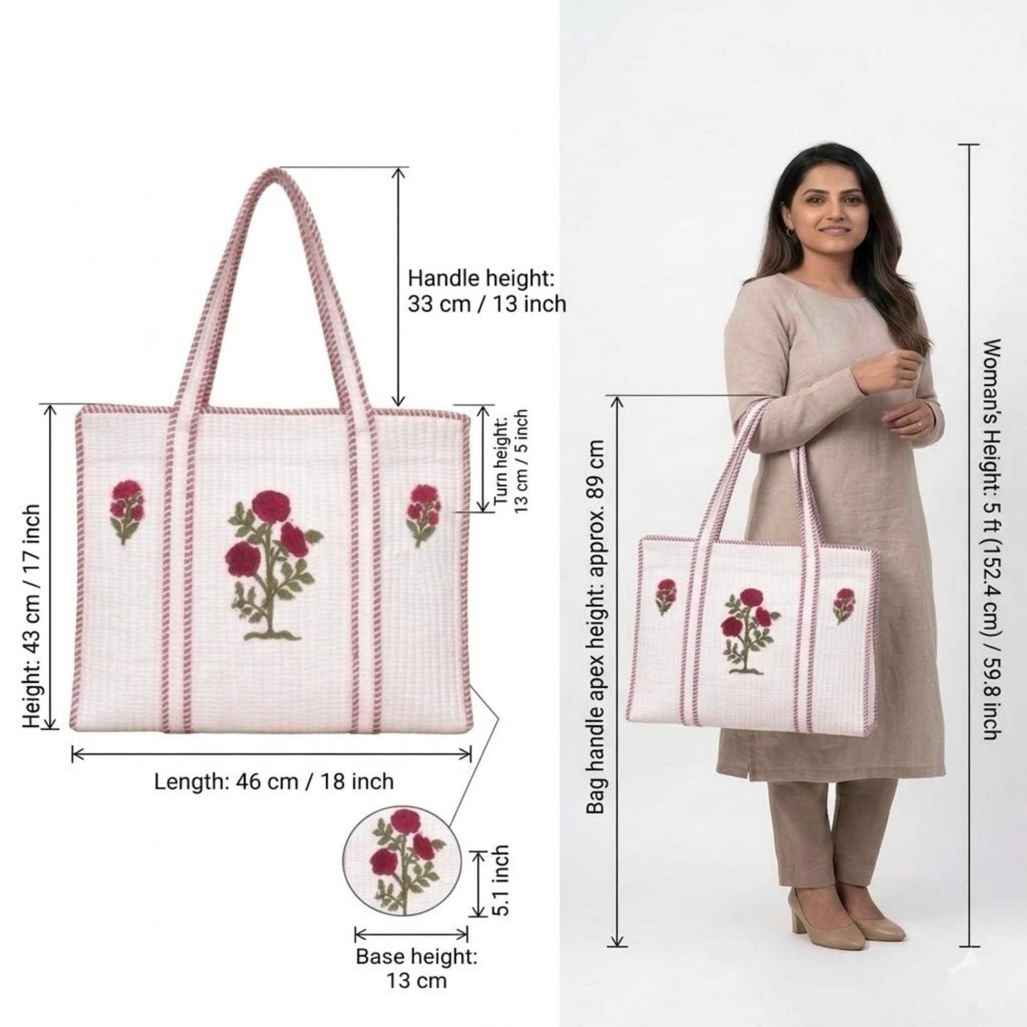 White Powder Gulabi Handblock Cotton Tote Bag | Handcrafted & Lightweight