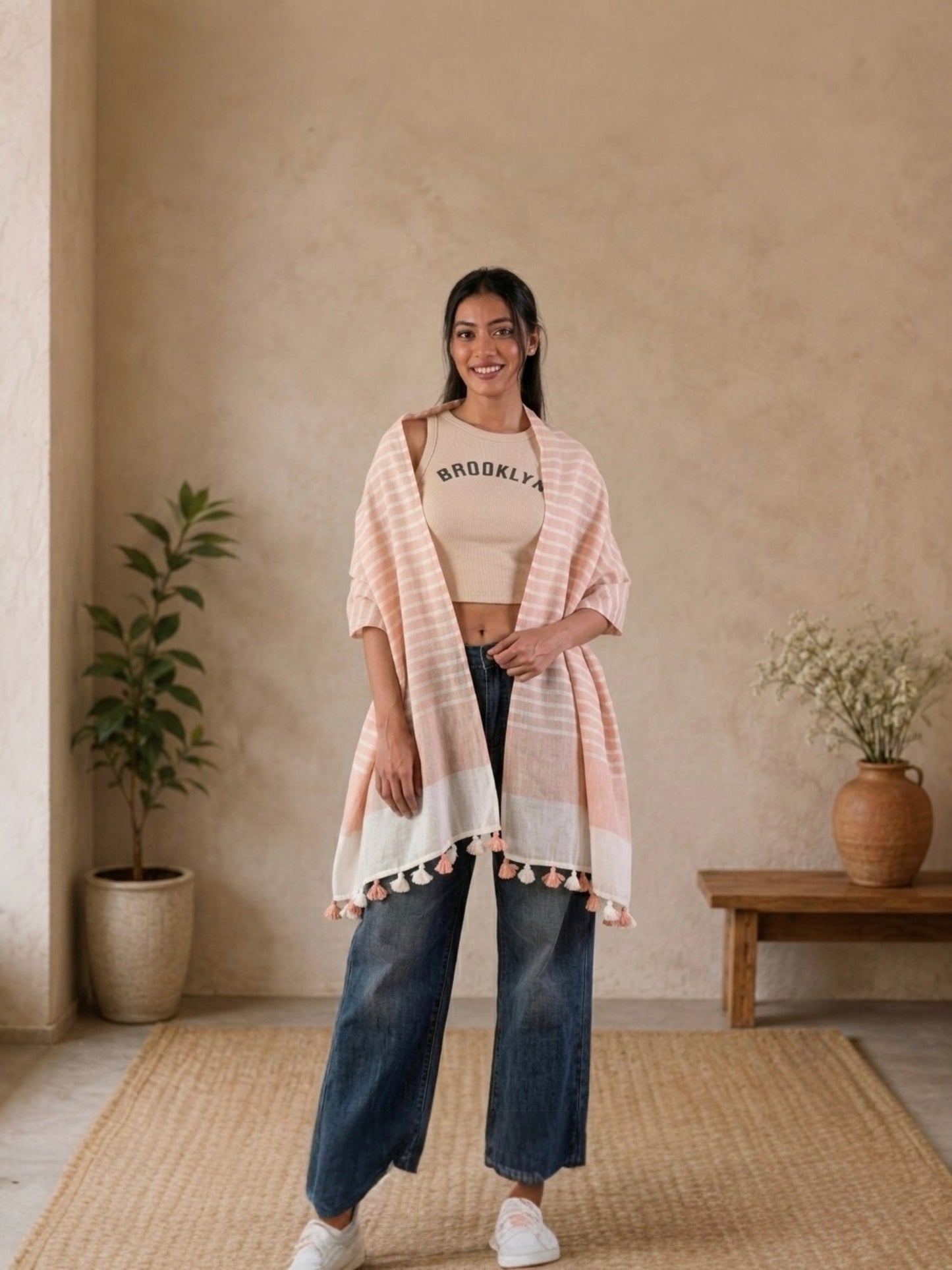 OMVAI Handcrafted Striped Linen Stole with Tassels - Light Pink
