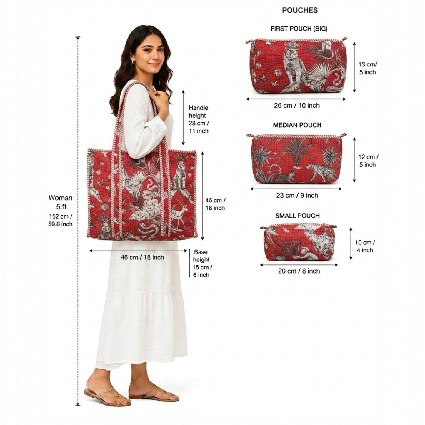 Red Heritage Quilted Cotton Tote Bag Set (4 Pieces) | Handcrafted Travel & Everyday Essential
