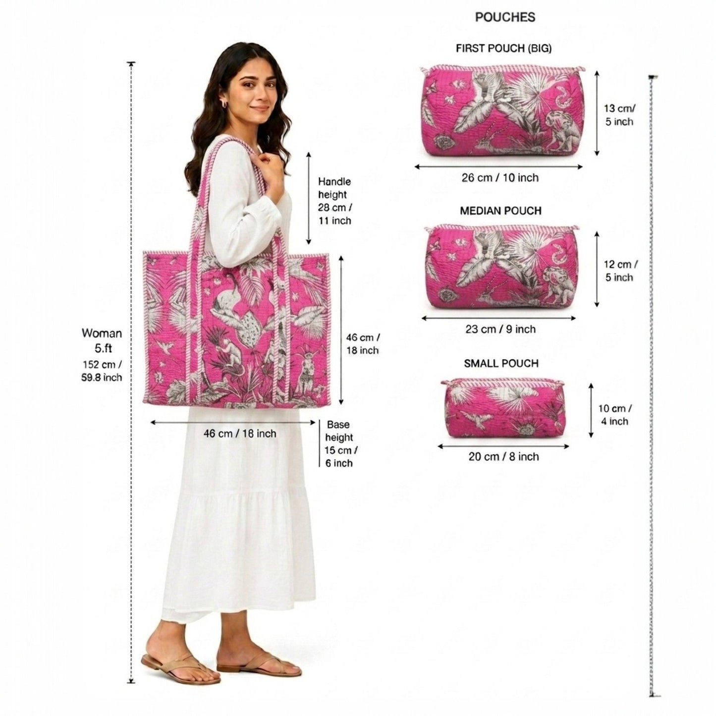 Pink Handcrafted Quilted Tote Bag Set (4-Piece) | Travel, Everyday & Gifting