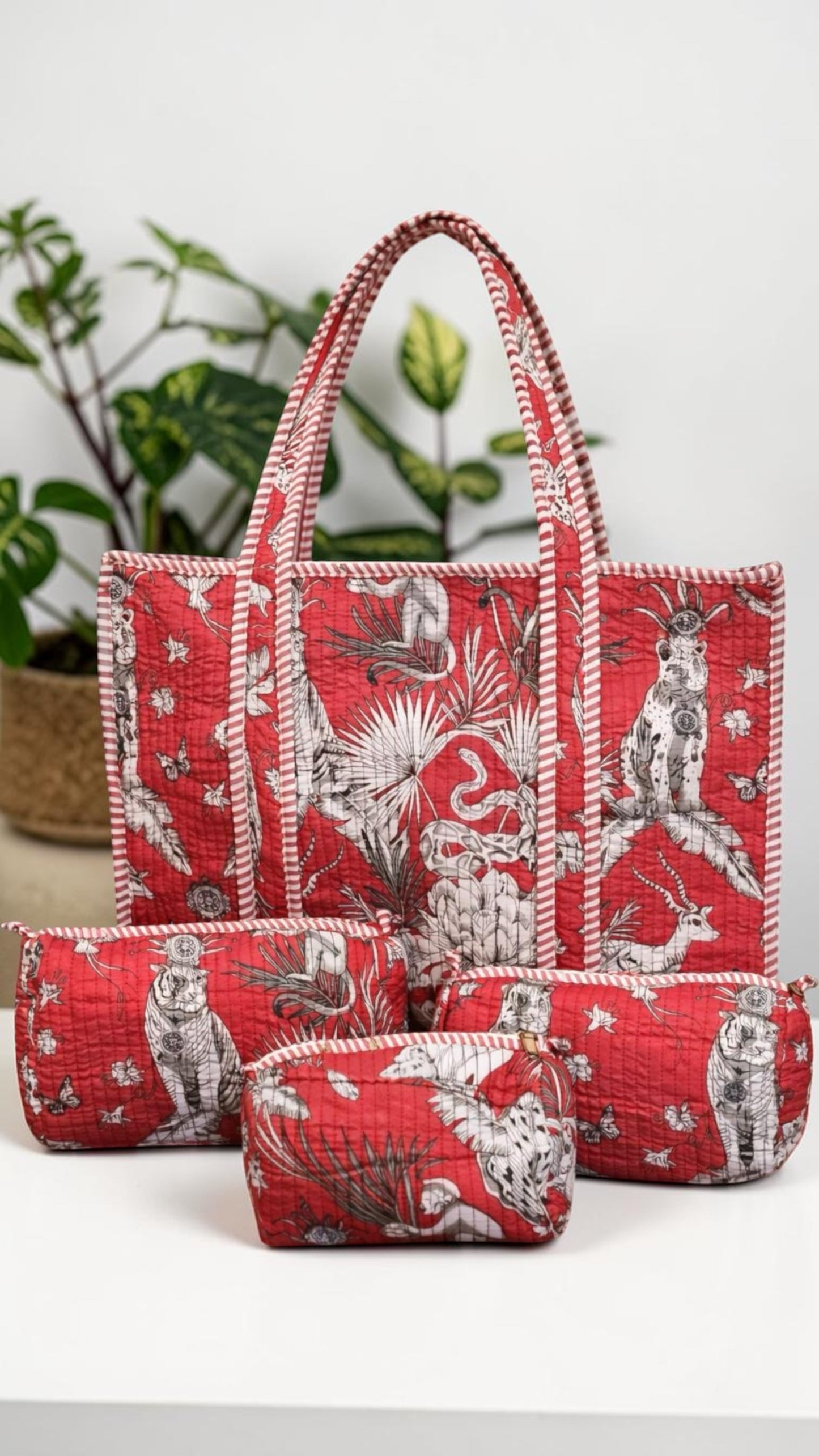 Red Heritage Quilted Cotton Tote Bag Set (4 Pieces) | Handcrafted Travel & Everyday Essential