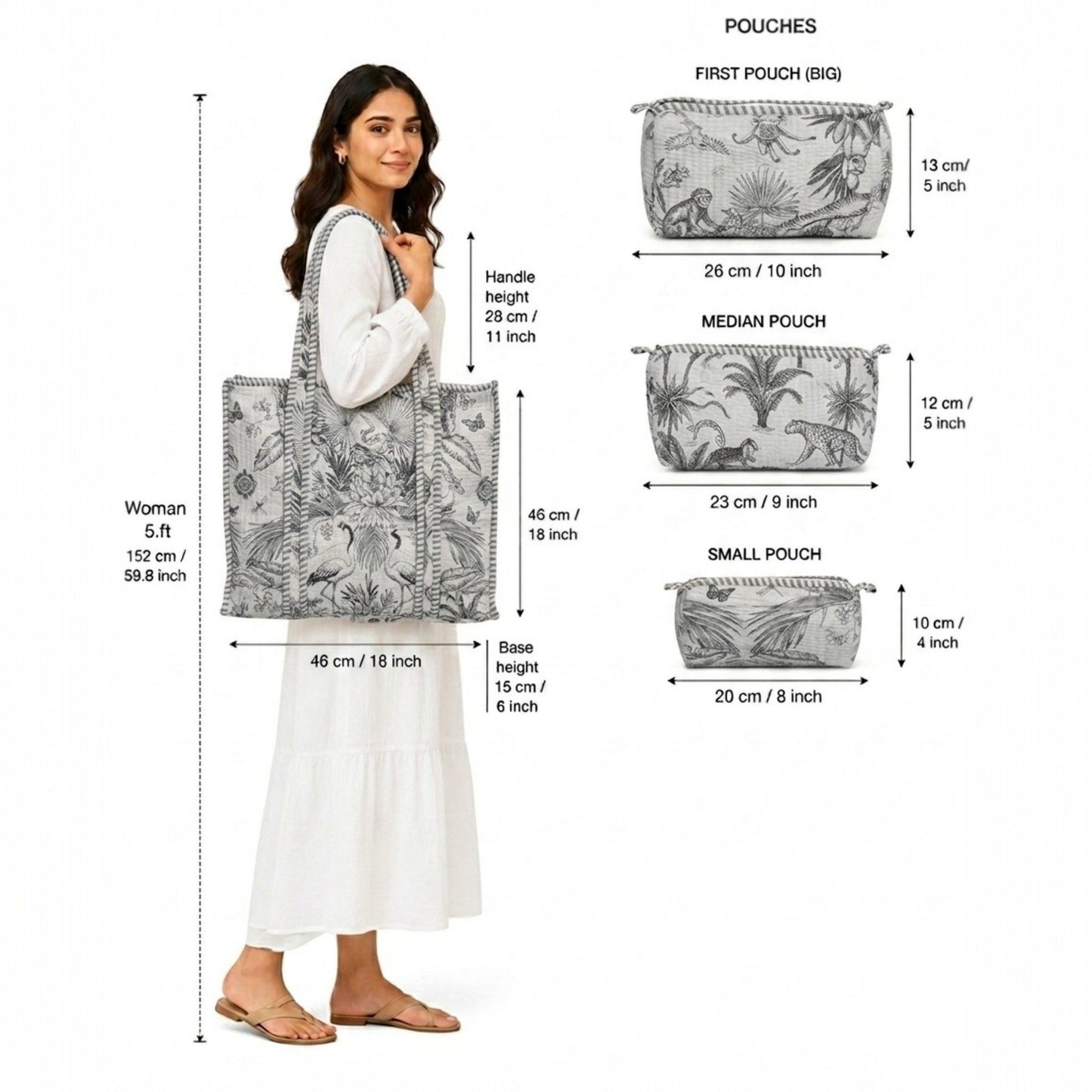 Ivory Grey Monochrome Quilted Tote Bag Set (4-Piece) | Handcrafted Cotton
