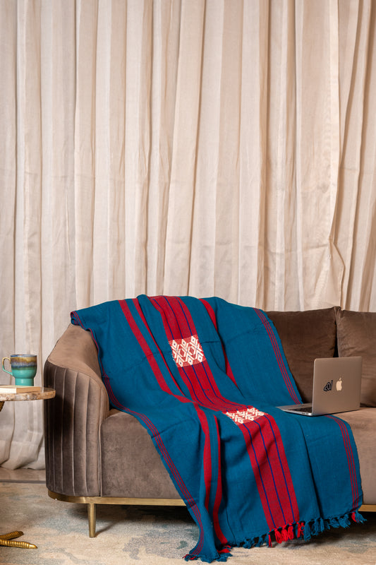 OMVAI Artisanal Patterned Cashmilon Woven Throw Blanket / Comforter - Teal with red white weave