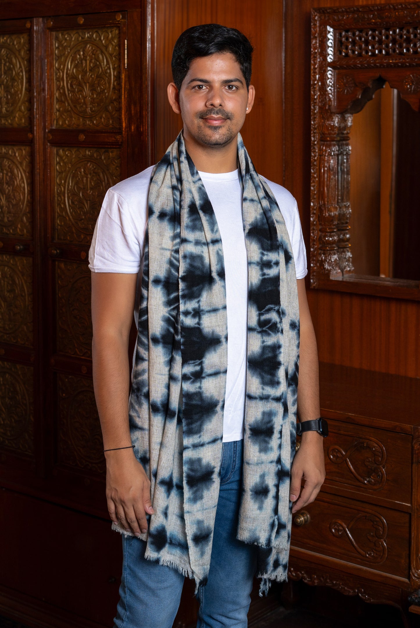 Tie and Dye Random Pattern Super Soft Woolen Muffler For Man | Navy Blue