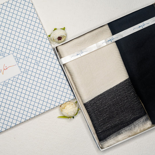 OMVAI Patterned Pashmina Wrap and Solid Pashmina Combo Gift Set in Pure wool (Set of 2 - For HIM and for HER)