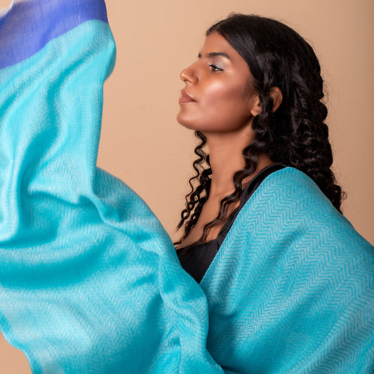 Turquoise : Blue Zig Zag Patterned Pashmina Shawl
