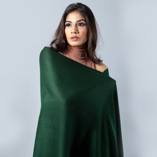 woman draped in a solid green pashmina stole