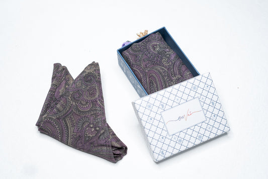 OMVAI Silk Pocket Square Ornamental Paisley in Purple