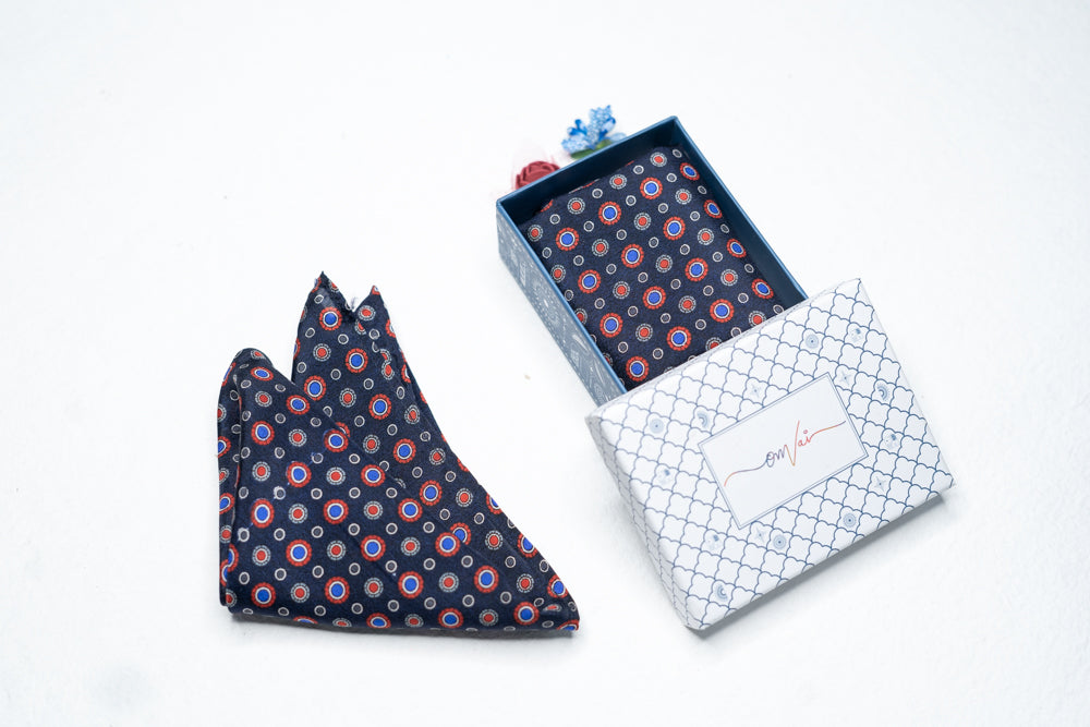 OMVAI Silk Pocket Square Polka Dots Navy
