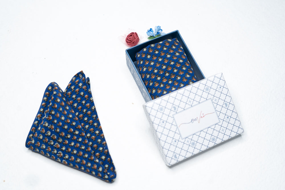 OMVAI Silk Pocket Square Bud flower Royal Blue