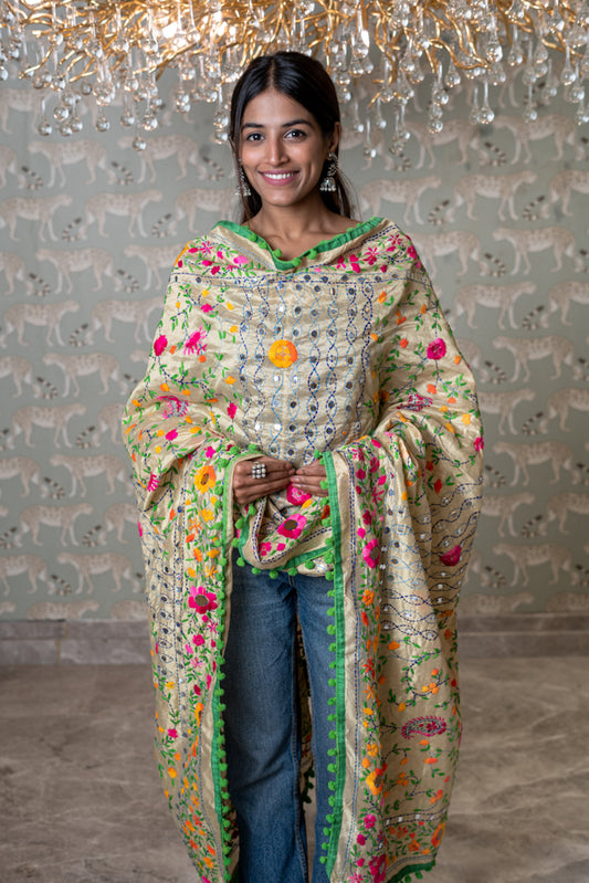 OMVAI Ornamental Jaal Embroidered Phulkari Stole / Dupatta - Multi color