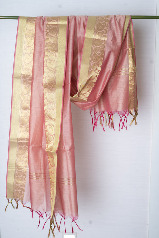OMVAI Paisley Border Chanderi Silk Dupatta - Coral Blush