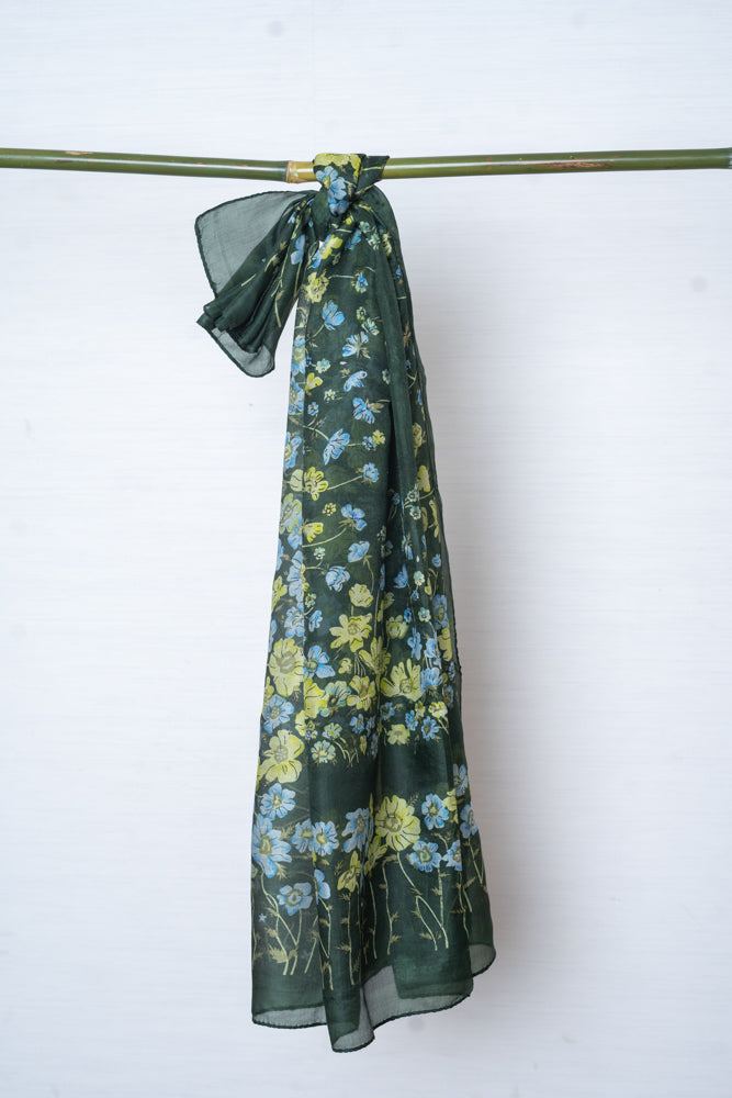 OMVAI Olive Green Iris Silk Scarf