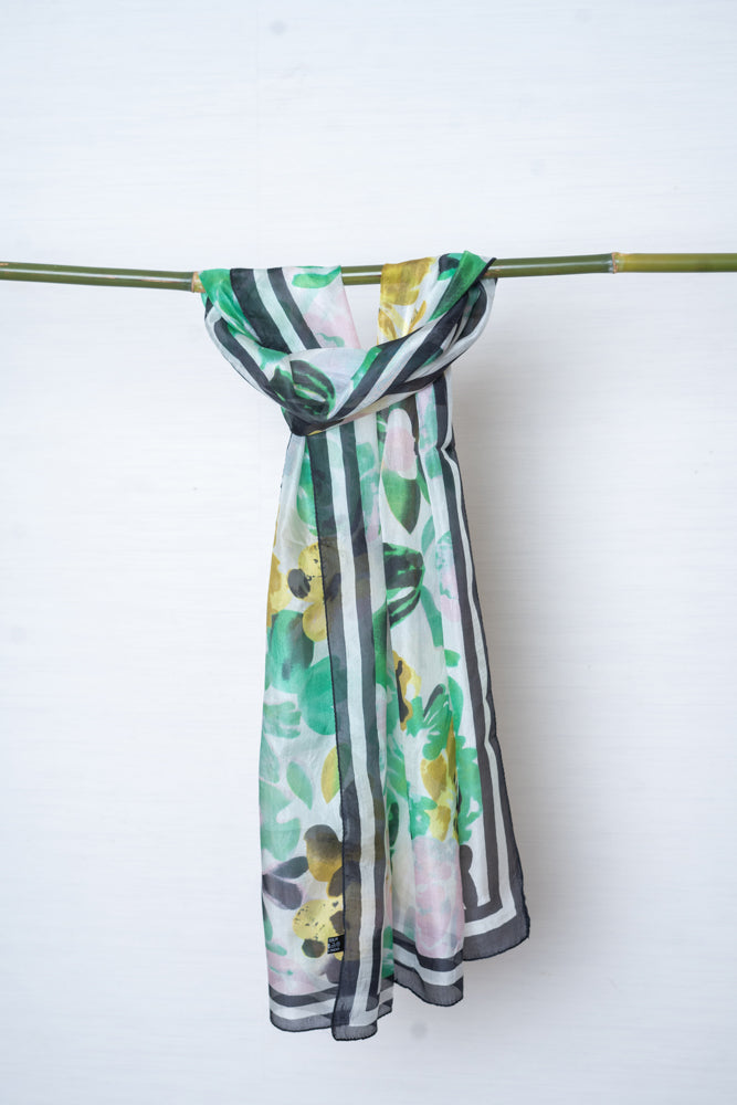 OMVAI Multi color Vintage Brush Flower Silk Stole